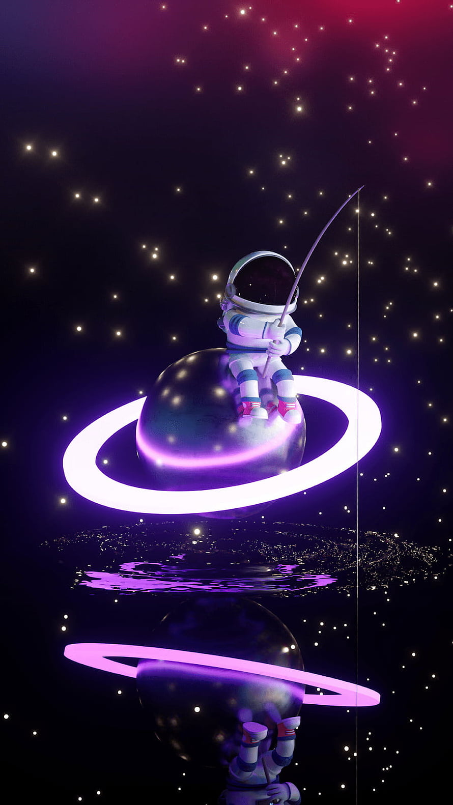 Cute 3D Astronaut Fishing on a Glowing Ringed Planet in Deep Space HD phone wallpaper
