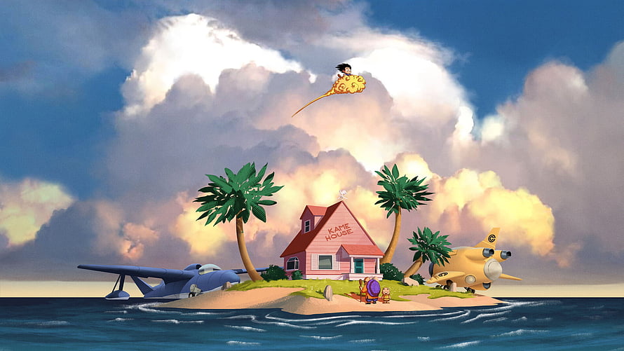 Kame House on a Tropical Island with Flying Nimbus and Dragon Ball Characters HD wallpaper