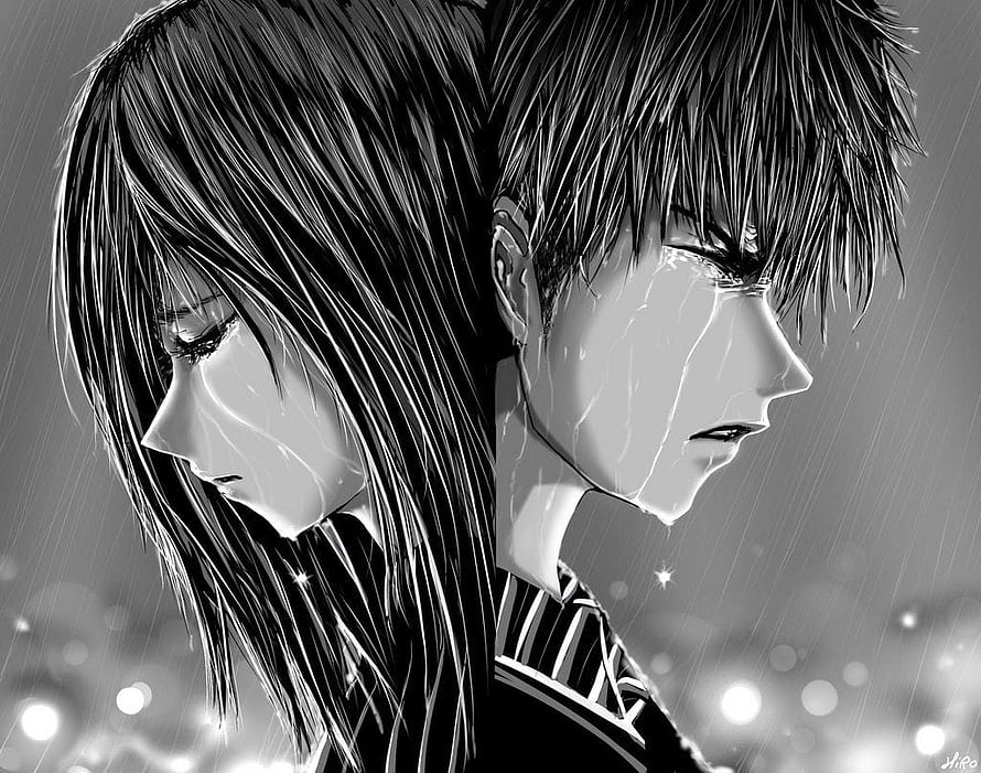 Black and White Anime Couple Crying in Rain with Bokeh Lights HD wallpaper