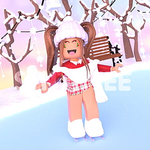 Cheerful Roblox Avatar Ice Skating in a Snowy Winter Park with Festive Lights HD phone wallpaper