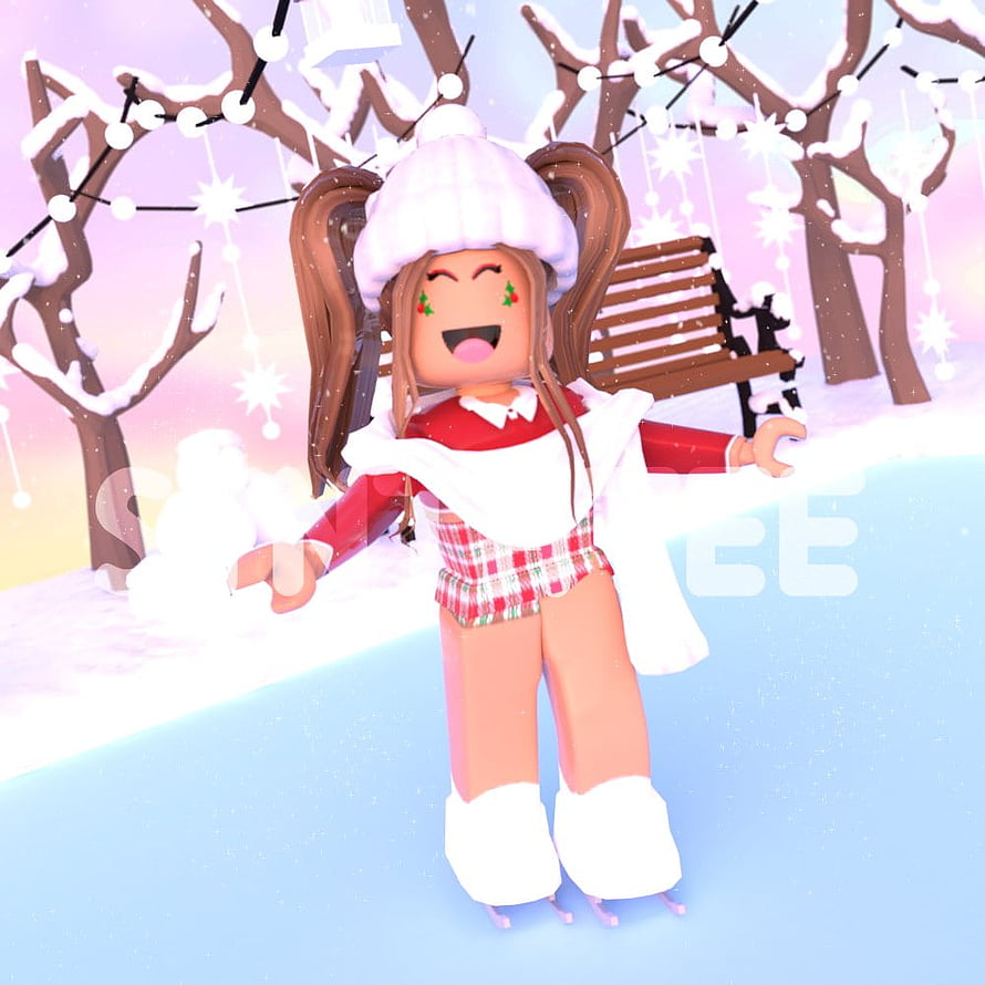 Cheerful Roblox Avatar Ice Skating in a Snowy Winter Park with Festive Lights HD phone wallpaper