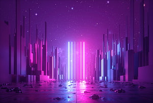 Futuristic Neon Cityscape with Vertical Light Beams and Starry Sky HD wallpaper