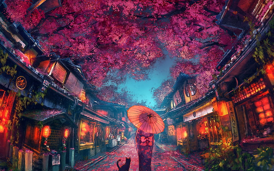 Anime Girl With Umbrella Walking Under Pink Cherry Blossoms In Traditional Japanese Street HD wallpaper