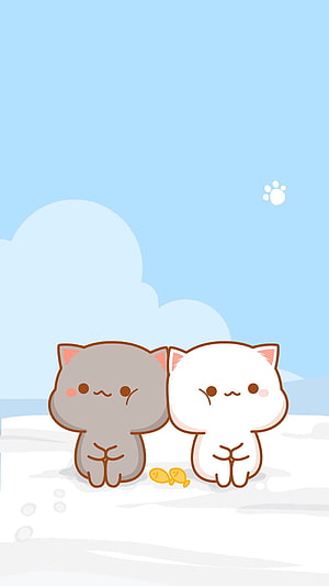 Mochi Cat and Mochi Peach Sitting Together on a Sunny Beach with Fish Treats HD phone wallpaper