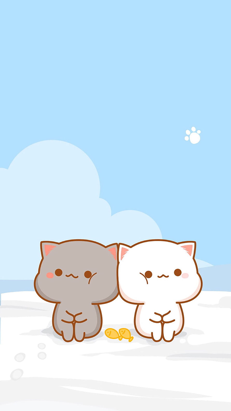 Mochi Cat and Mochi Peach Sitting Together on a Sunny Beach with Fish Treats HD phone wallpaper