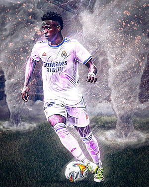 Vinicius Jr in Real Madrid Kit with Electric Energy and Dust Explosion Effect HD phone wallpaper