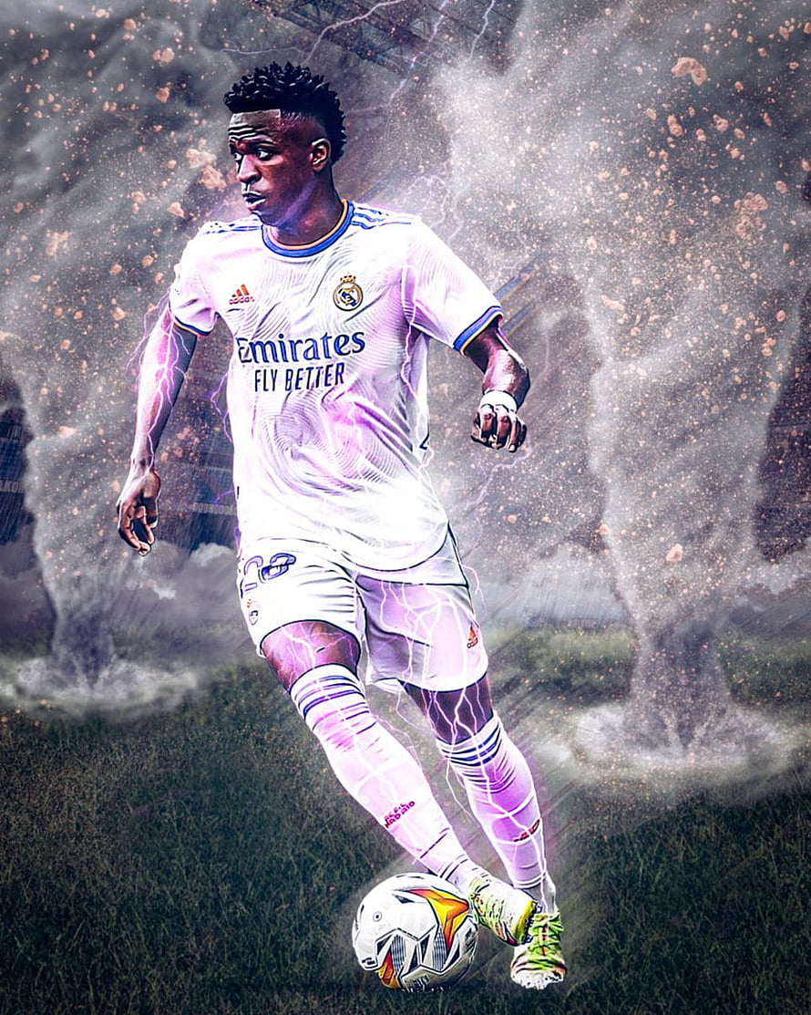 Vinicius Jr in Real Madrid Kit with Electric Energy and Dust Explosion Effect HD phone wallpaper
