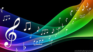 Vibrant Rainbow Music Notes Flowing on Black Background with Treble Clef HD wallpaper