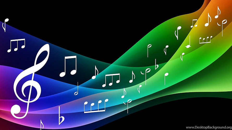 Vibrant Rainbow Music Notes Flowing on Black Background with Treble Clef HD wallpaper