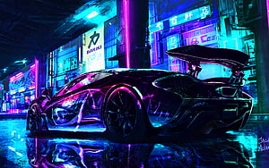 McLaren P1 in Neon-Lit Cyberpunk City Street at Night HD wallpaper