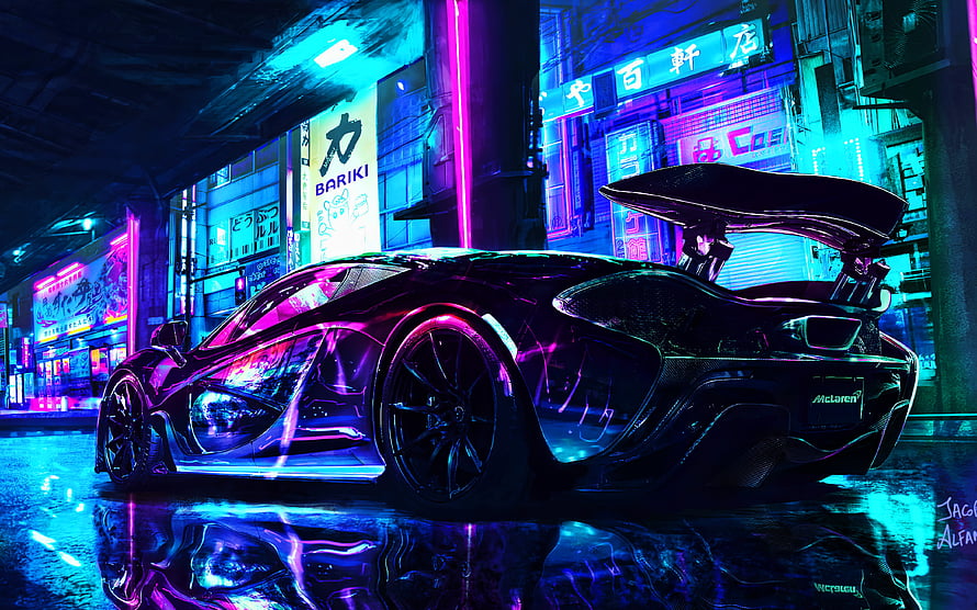 McLaren P1 in Neon-Lit Cyberpunk City Street at Night HD wallpaper