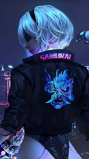 Anime Girl With Samurai Jacket And Dragon Emblem In Neon Cyberpunk City HD phone wallpaper