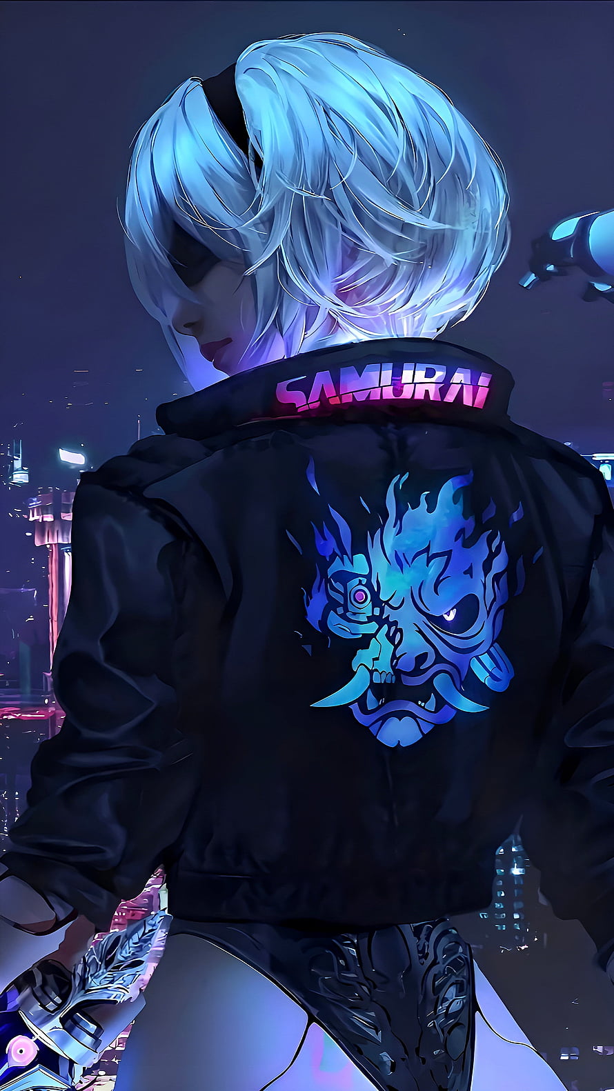 Anime Girl With Samurai Jacket And Dragon Emblem In Neon Cyberpunk City HD phone wallpaper