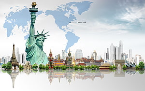 Global Travel Concept Featuring World Landmarks and City Skyline HD wallpaper