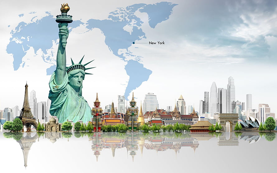 Global Travel Concept Featuring World Landmarks and City Skyline HD wallpaper