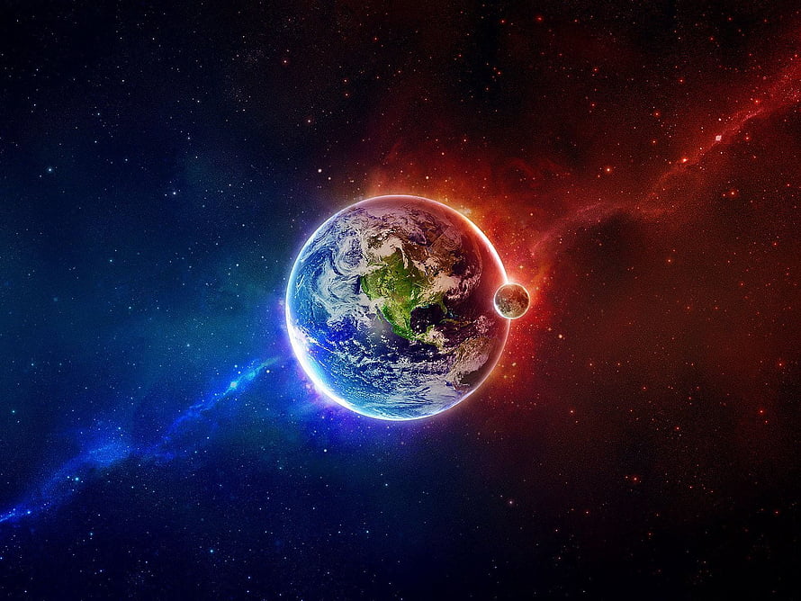 Earth and Moon in Vibrant Cosmic Nebula with Blue and Red Star Fields HD wallpaper