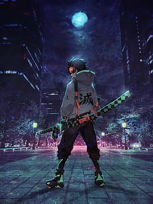 Tanjiro Kamado from Demon Slayer in modern streetwear with katana under a full moon in a neon city HD phone wallpaper
