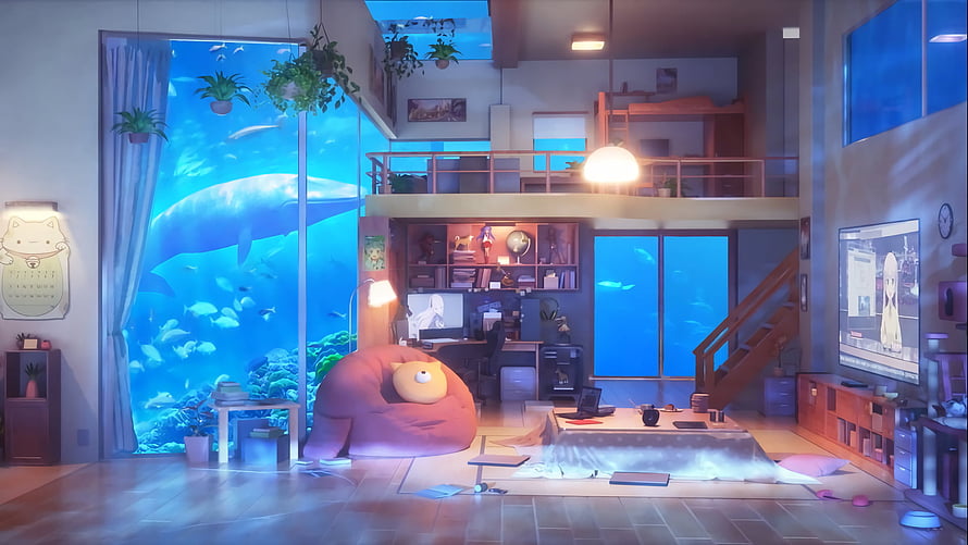 Cozy Anime Apartment Interior With Underwater View And Whale HD wallpaper