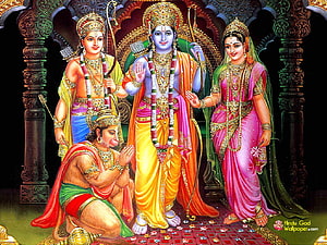 Ram Darbar with Hanuman, Lakshmana, and Sita in Traditional Indian Temple Art HD wallpaper