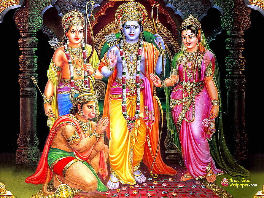 Ram Darbar with Hanuman, Lakshmana, and Sita in Traditional Indian Temple Art HD wallpaper