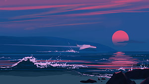 Futuristic Speedboat Skimming Ocean Waves at Sunset with Glitch Art Effect HD wallpaper