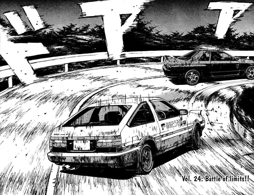 Initial D manga panel showing two racing cars drifting on a mountain road HD wallpaper