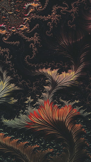 Dark Fractal Art with Fiery Red and Gold Organic Patterns on Black Background HD phone wallpaper