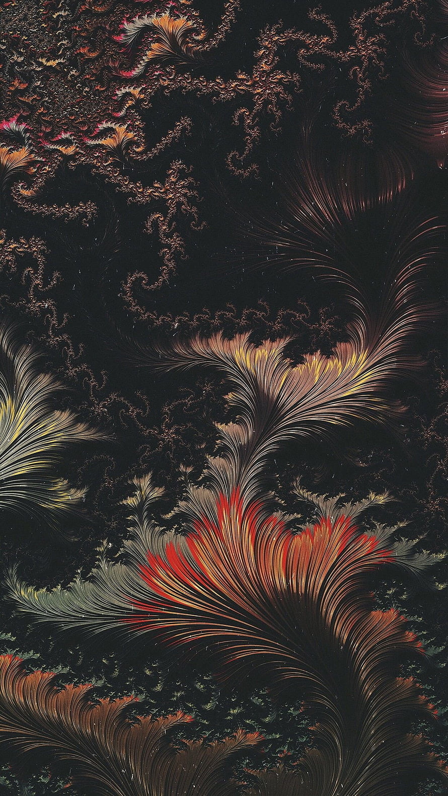 Dark Fractal Art with Fiery Red and Gold Organic Patterns on Black Background HD phone wallpaper