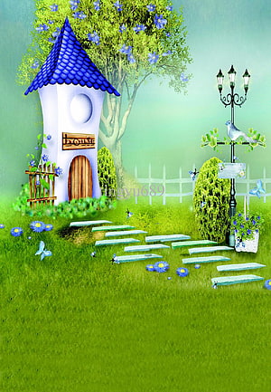 Magical Fairy Garden with Blue Roof House and Stone Path HD phone wallpaper