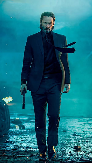 John Wick in Black Suit Walking with Gun in Blue Atmosphere HD phone wallpaper