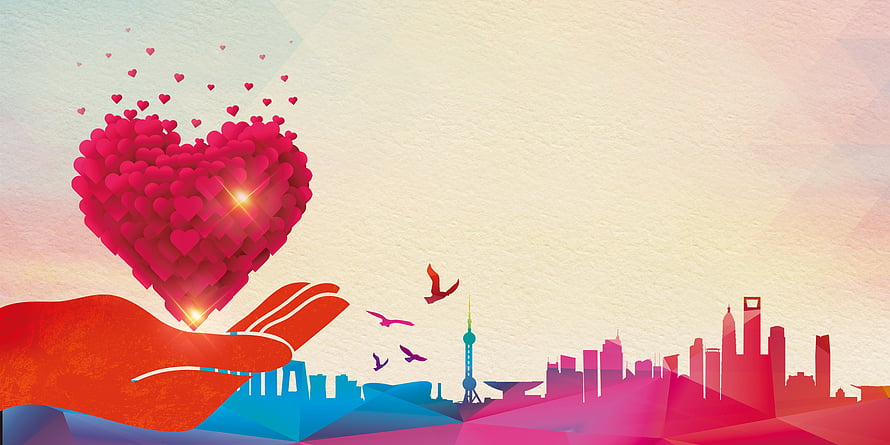 Shanghai Skyline With Giant Heart And Helping Hands Illustration HD wallpaper