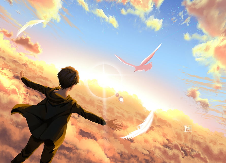 Eren Yeager Reaching Toward a White Dove in a Golden Sunset Sky HD wallpaper