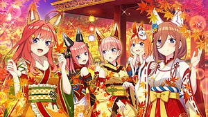 The Quintessential Quintuplets anime girls in autumn kimono with fox ears and maple leaves HD wallpaper