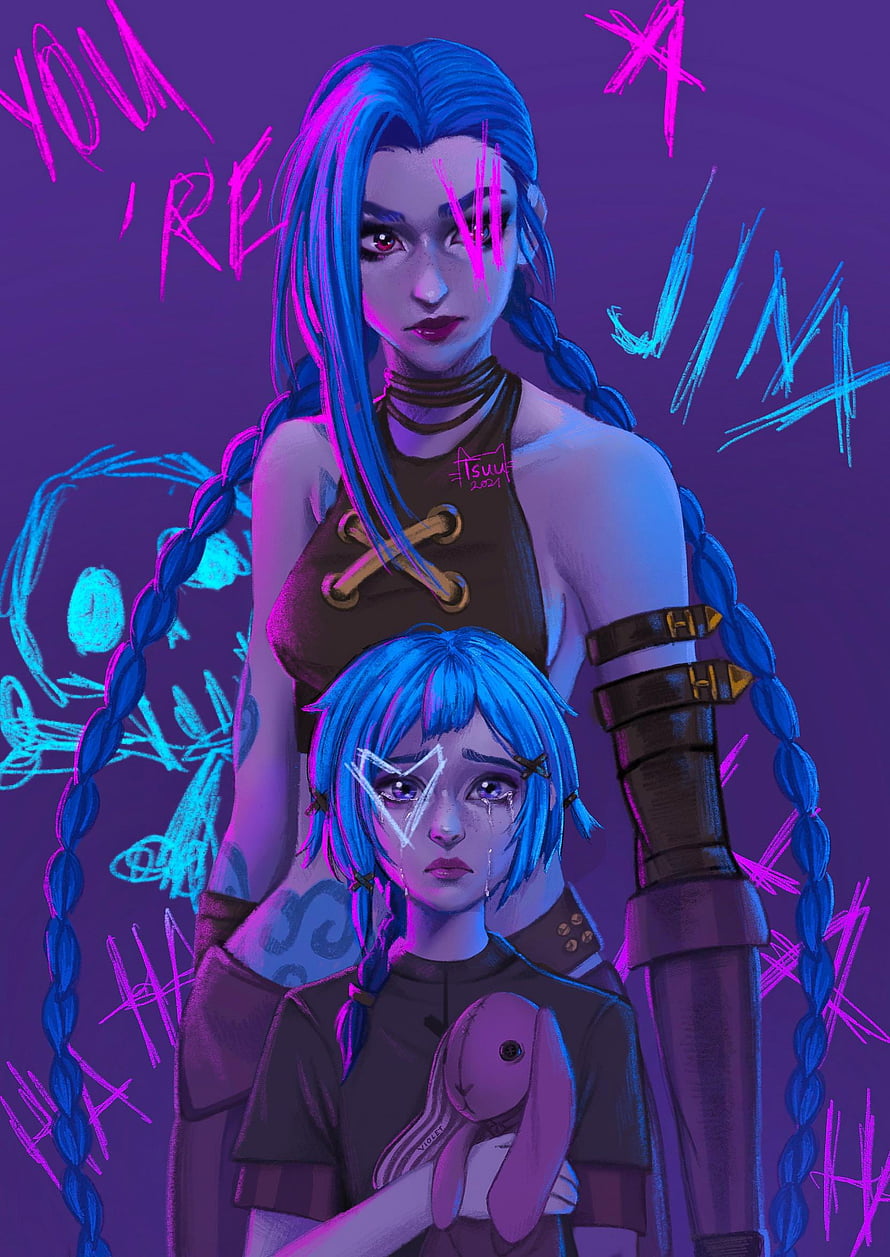 Jinx and Vi from Arcane holding a bunny plushie with graffiti background HD phone wallpaper
