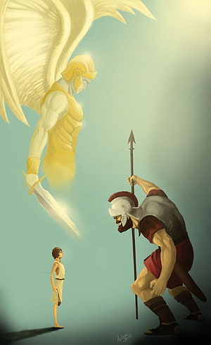 David and Goliath with Angel: Biblical Confrontation in Christian Art HD phone wallpaper
