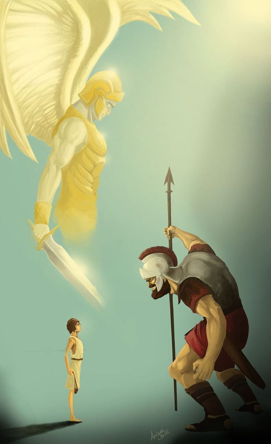 David and Goliath with Angel: Biblical Confrontation in Christian Art HD phone wallpaper