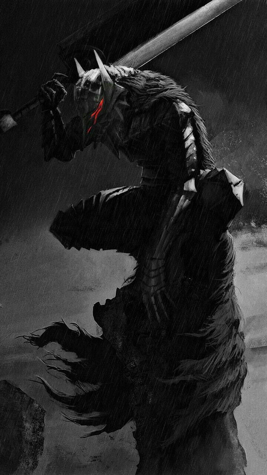 Dark Fantasy Warrior With Glowing Red Eyes Wielding A Massive Sword In The Rain HD phone wallpaper