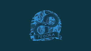 Fedora Linux Snake Emblem with Tropical Leaves and Ribbon on Dark Teal Background HD wallpaper