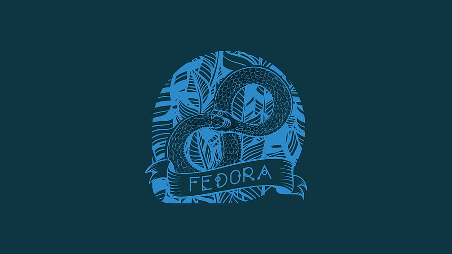 Fedora Linux Snake Emblem with Tropical Leaves and Ribbon on Dark Teal Background HD wallpaper