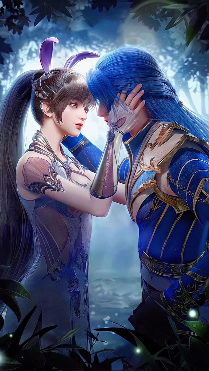 Romantic fantasy couple with blue hair and bunny ears in a mystical forest setting, Soul Land Anime, Xiao Wu HD phone wallpaper
