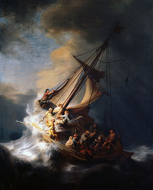 Christ In The Storm on The Sea of Galilee by Rembrandt, Dramatic Oil Painting of a Sailing Ship in Rough Seas HD phone wallpaper