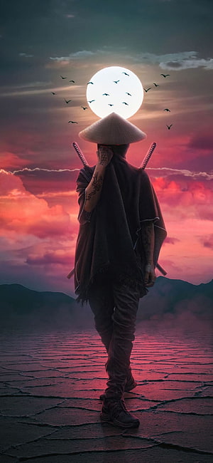 Silhouette of a Samurai Warrior with Dual Swords and Conical Hat Against a Dramatic Sunset Sky HD phone wallpaper