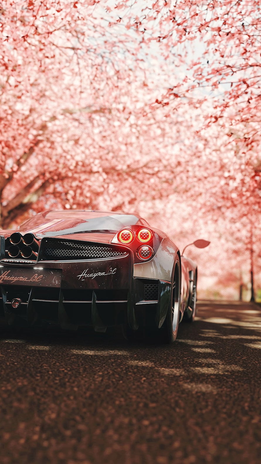 Pagani Huayra BC Rear View Parked Beneath Vibrant Pink Cherry Blossom Canopy HD phone wallpaper
