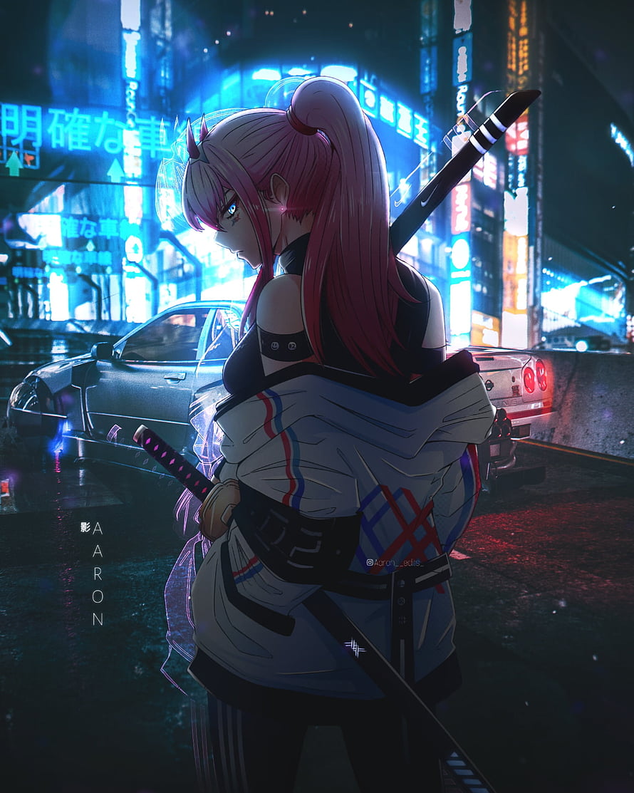 Zero Two from Darling in the Franxx anime character standing in a neon-lit cyberpunk city street at night with a katana HD phone wallpaper