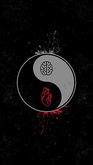 Yin Yang Brain And Heart Balance Symbol With Red And White Splatter Art On Black Background HD phone wallpaper