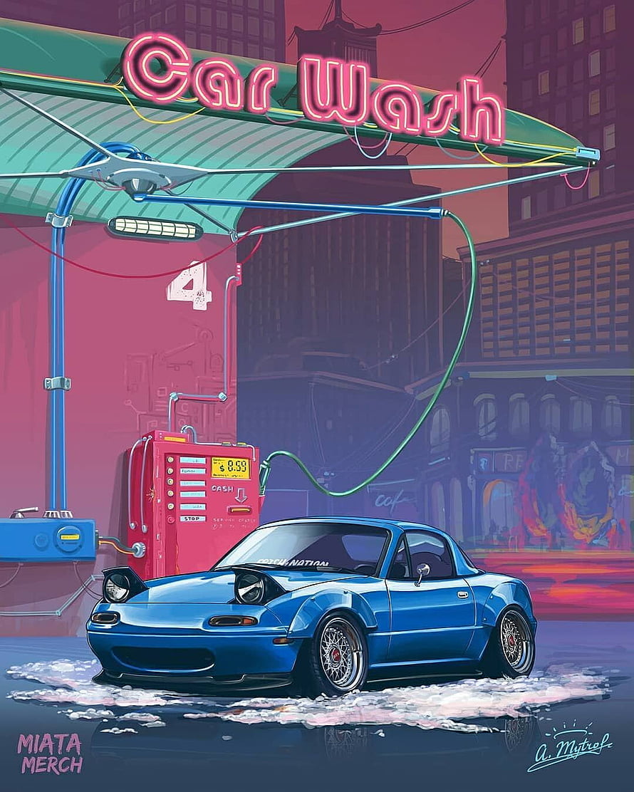 Mazda Miata MX-5 at a Neon Car Wash in a Cyberpunk City HD phone wallpaper