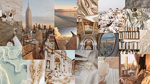 Aesthetic Travel and Lifestyle Collage Featuring City Skylines, Beaches, and Cozy Interiors HD wallpaper