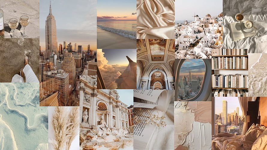 Aesthetic Travel and Lifestyle Collage Featuring City Skylines, Beaches, and Cozy Interiors HD wallpaper
