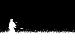 Minimalist Black and White Anime Illustration of a Sword-Wielding Figure in a Field HD wallpaper