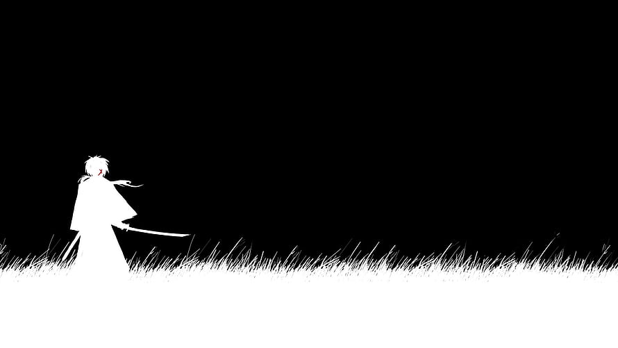 Minimalist Black and White Anime Illustration of a Sword-Wielding Figure in a Field HD wallpaper